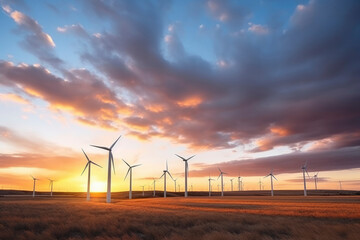 Obraz premium Windmills for energy production against the backdrop of beautiful sunset sky. Electric windmill farm produces green energy, white turbines. Power generation concept 