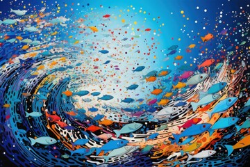  a painting of many different colored fish swimming in a blue, green, yellow, and white ocean with bubbles and bubbles coming out of the bottom of the water.