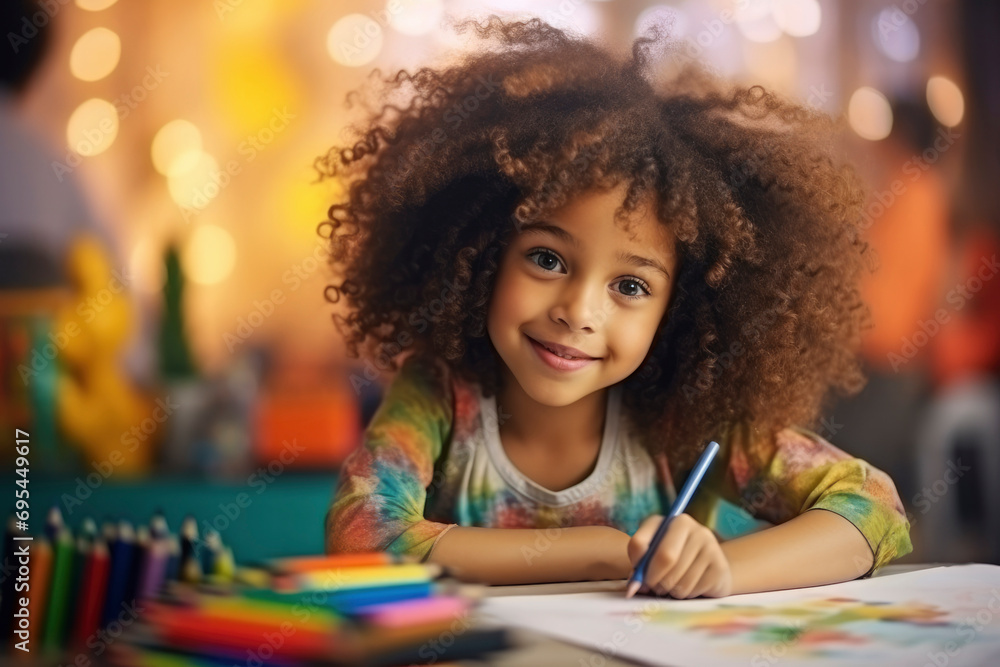 Wall mural Cute curly child todler girl draws with colored pencils at the table in the children's room, in kindergarten, in developmental classes, art school. Happy kid doing creativity