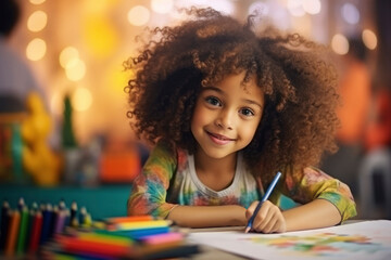 Cute curly child todler girl draws with colored pencils at the table in the children's room, in...