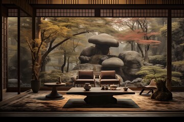 Obraz na płótnie Canvas modern classic japanese interior living room background with forest and tree views
