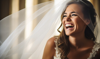 Radiant Bride in Elegant Gown Laughing, Vintage Style Bridal Portrait with Flowing Veil, Timeless Wedding Day Happiness