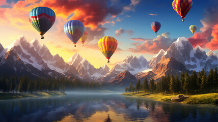 A captivating HD image featuring a sky adorned with colorful hot air balloons gracefully floating over a majestic mountain, evoking a sense of joy and wonder.