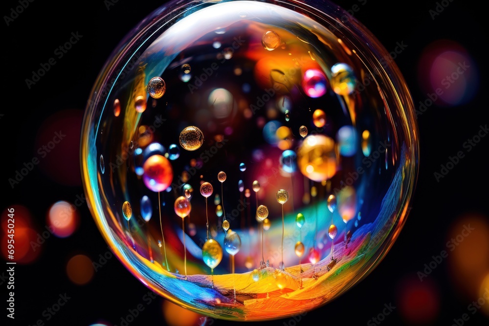 Poster a close up of a soap bubble on a black background with multicolored bubbles in the middle of the bub