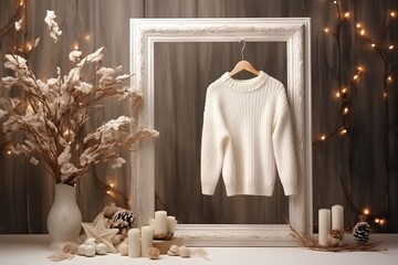 Stylish winter sweater in cozy holiday decor.