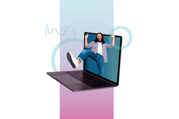 Creative collage picture illustration smile happy excited young man step gets out laptop doodle sketch surrealism white background