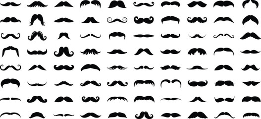 Mustache icon collection. Set of different man mustache icons. Hipster mustache icons. Mustache silhouette collection - obrazy, fototapety, plakaty
