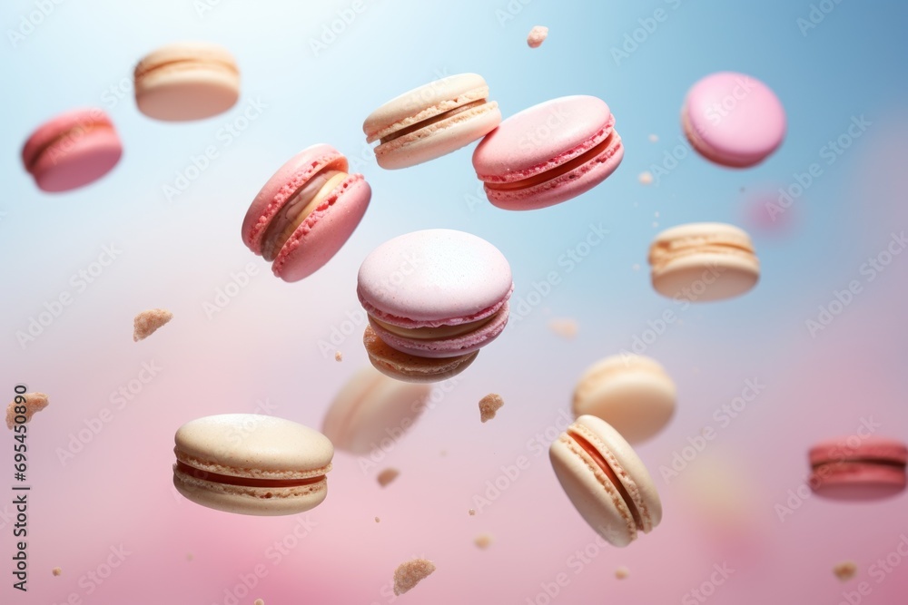 Poster a group of macaroons flying through the air on a pink and blue background with confetti falling from