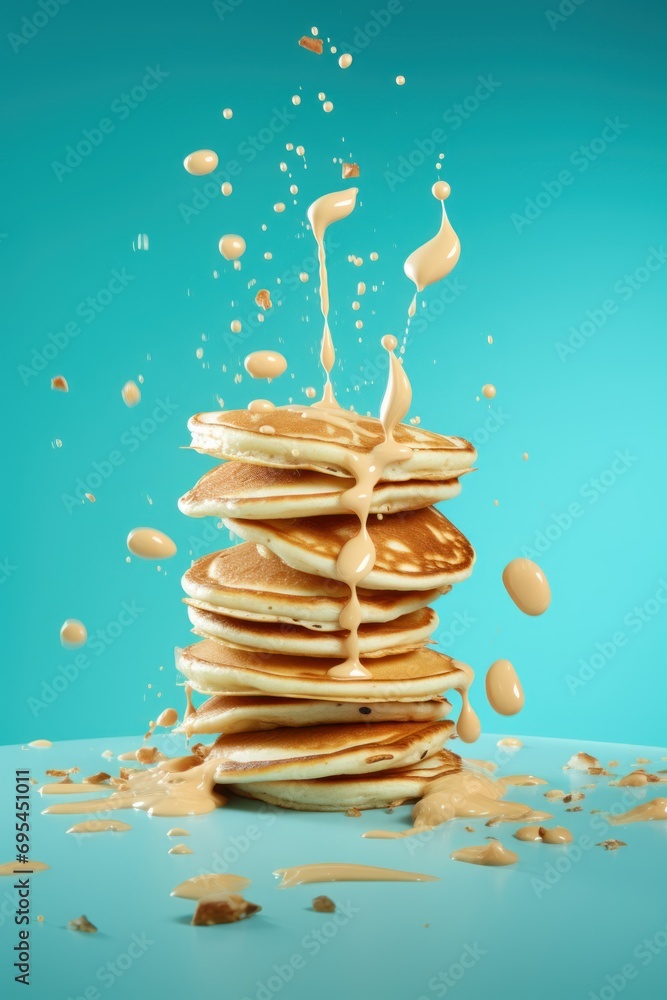 Poster a stack of pancakes with a splash of peanut butter on top of them, on a blue background with a splas