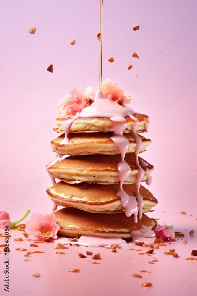 Poster a stack of pancakes sitting on top of a table covered in frosting and sprinkles with a pink flower o