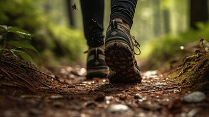 A captivating HD photograph featuring a person speed-hiking in the woods, with a focus on the close-up details of speed-hiking shoes, providing a realistic and detailed perspective.