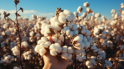  a person's hand holding a cotton plant in the middle of a large field of cotton flowers in the foreground, with a blue sky in the background. - obrazy, fototapety, plakaty
