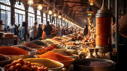 Poster Spices and herbs on the market in Istanbul, Turkey. Panorama © Iman