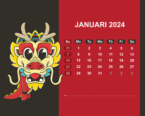 Calendar for January 2024. Vector illustration with dragon
