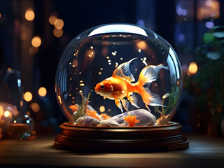 Goldfish under a glass dome, trapped magical creature with warm glow, creative still life. - obrazy, fototapety, plakaty