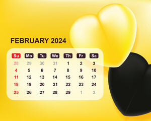 Calendar for February 2024 with love background. Vector Illustration
