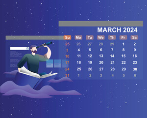 Flat design business concept of March 2024 year calendar
