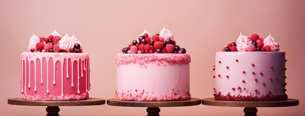 cake and dessert with fresh berries and cream in the style of light pink and crimson, bokeh panorama