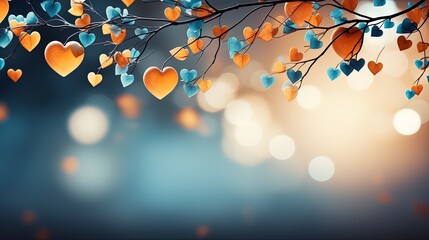 valentines day hearts on the branch and shadows in the background in the style of light indigo and light amber, colorful fantasy copy space - obrazy, fototapety, plakaty