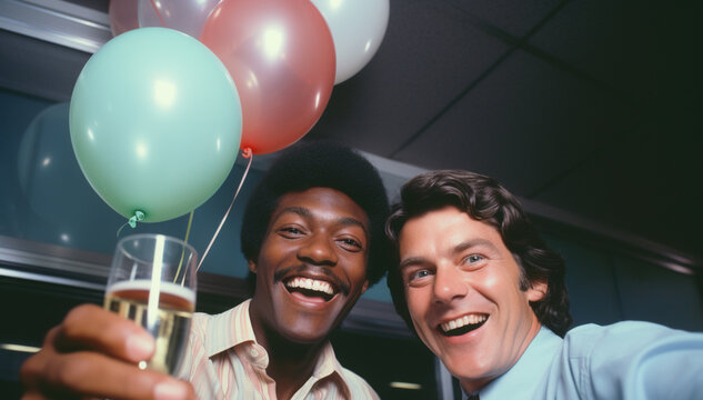 Vintage office celebration party with friends having a great time with old-fashioned clothes and retro style.