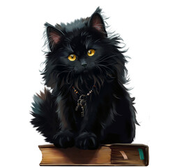 Black kitten sitting on a thick book - 695452092