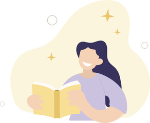 Young positive female sitting with a book, education or learning.flat vector illustration.