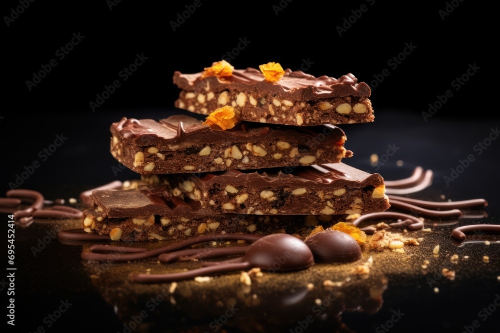 Poster a stack of chocolate bars sitting on top of a table next to a pile of nuts and nuts on top of a blac