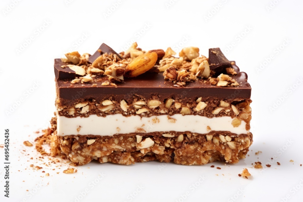 Poster a close up of a piece of cake with nuts and chocolate on a white background with a bite taken out of
