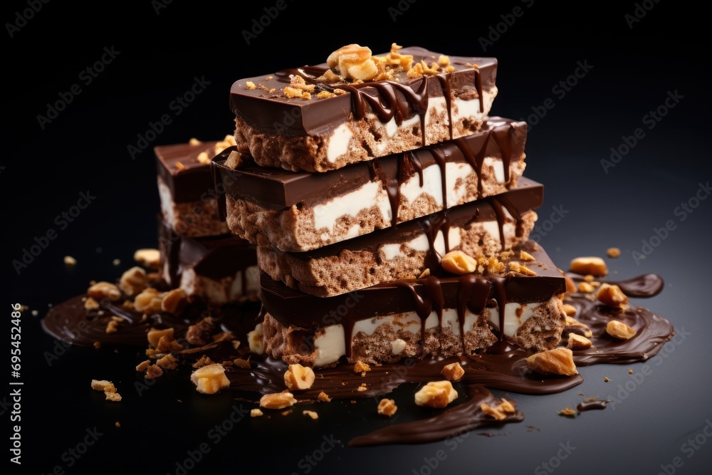 Poster a close up of a stack of desserts with chocolate and nuts on a black background with a few pieces of