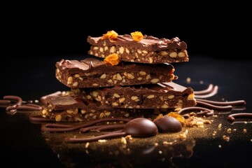  a stack of chocolate bars sitting on top of a table next to a pile of nuts and nuts on top of a black surface with a few pieces of chocolate.