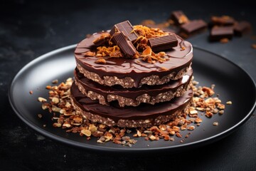  a close up of a cake on a plate with chocolate and nuts on the top of the cake and on the side of the plate is a pile of nuts.