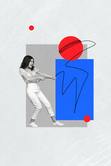 Vertical photo collage of young girl grab rope try to pull geometric figures rectangle circle...