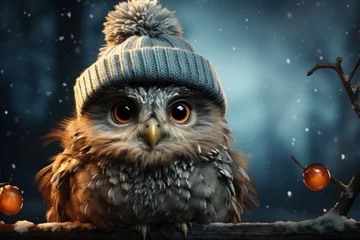 Rolgordijnen  an owl wearing a knitted hat and sitting on a branch in front of an apple tree with snow falling on the branches and falling off of the tree branches. © Nadia