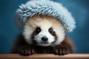  a brown and white panda bear with a blue hat on it's head and paws on a wooden table with a blue wall behind it and a blue background.