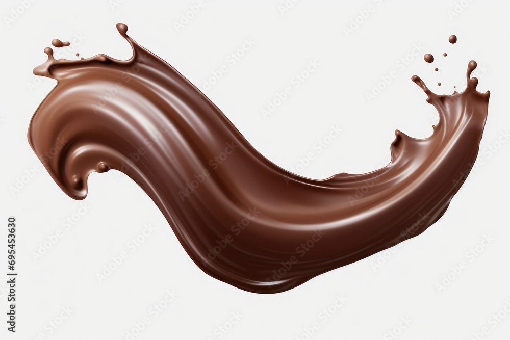 Poster a splash of chocolate in the shape of a wave on a white background with a brown liquid splashing out