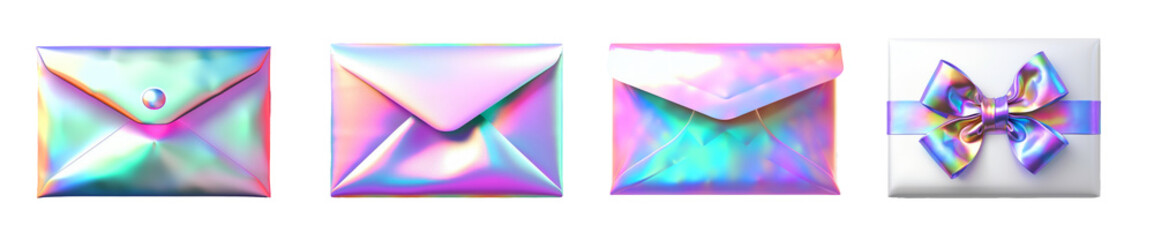 Set of holographic envelopes on transparent background.