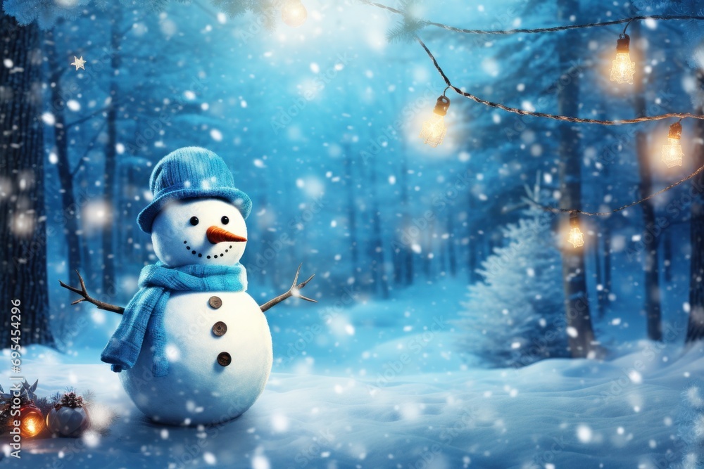 Poster a snowman with a blue hat and scarf standing in the snow in front of a forest with christmas lights 