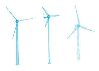 A wind turbine in 3D illustration, presented in abstract hologram wire frame stylized form and isolated on a transparent background in PNG format. - obrazy, fototapety, plakaty