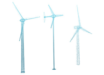 A 3D illustration of a wind turbine in abstract hologram wire frame stylized form, isolated on a transparent background in PNG format.