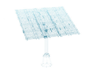 A 3D illustration of a solar panel in abstract hologram wire frame stylized form, and presented on a transparent background in PNG format.