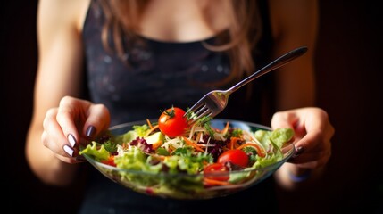 Obraz na płótnie Canvas healthy lifestyle: closeup of woman enjoying fresh salad with fork