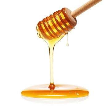 Honey dripping from dipper isolated on white background