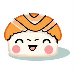  cute sushi and rolls in kawaii style with smiling faces. Japanese traditional cuisine dishes