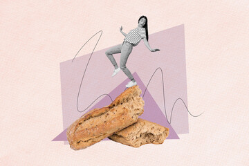 Minimal artwork collage template about girl dislike healthy whole grain bread french fresh baguette...
