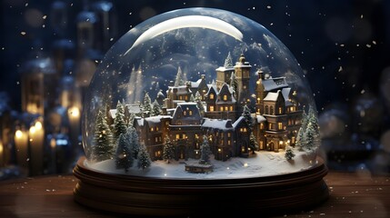 Snow globe with houses and christmas trees. 3d illustration.