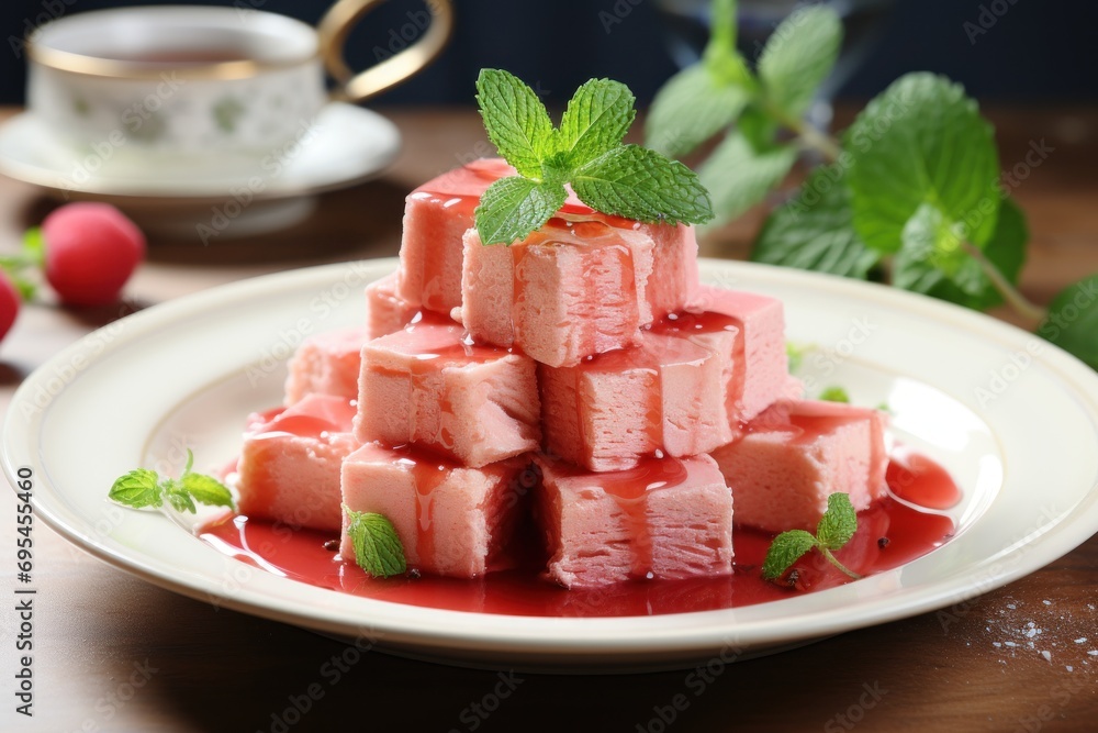 Poster a white plate topped with a pile of cubes of ice cream covered in raspberry sauce and garnished with