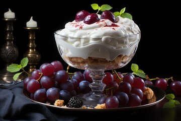  a dessert in a glass bowl on a plate with grapes and walnuts on a table next to a candle and a vase with a candle on a black background.