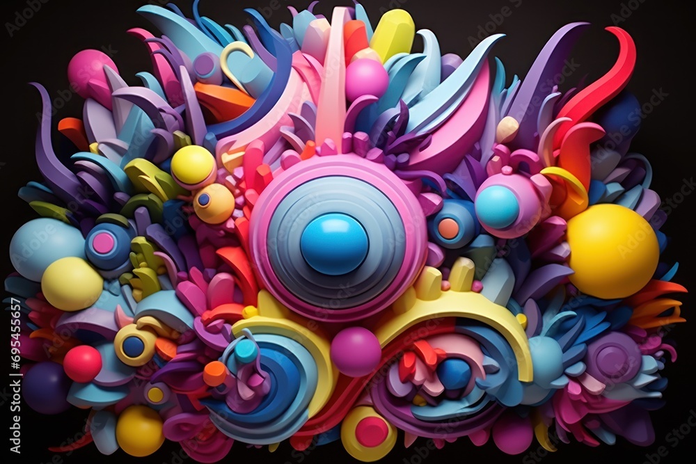 Poster  a bunch of different colored objects that are in the shape of a ball and some sort of thing that is in the shape of a flower on a black background.