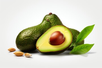  an avocado and two pieces of avocado on a white background with green leaves and almonds on the side of the avocado and a whole avocado.