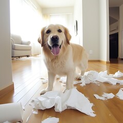 Dog is at home entertaining by eating toilet paper. puppy dog playing with paper lying on bed. Young crazy dog is making mess at home.